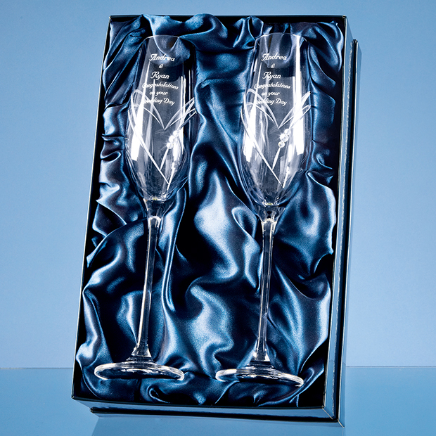 Large image for 2 Diamonte Champagne Flutes with Heart Shaped Etching and 3 Swarovski Crystals 